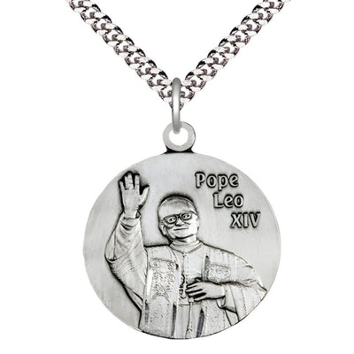 Pope Leo XIV Pewter Round Medal with a matching rhodium-plated chain and optional engraving, Medal Measures: 1 1/4" tall x 1 1/8" wide, Bliss Manufacturing