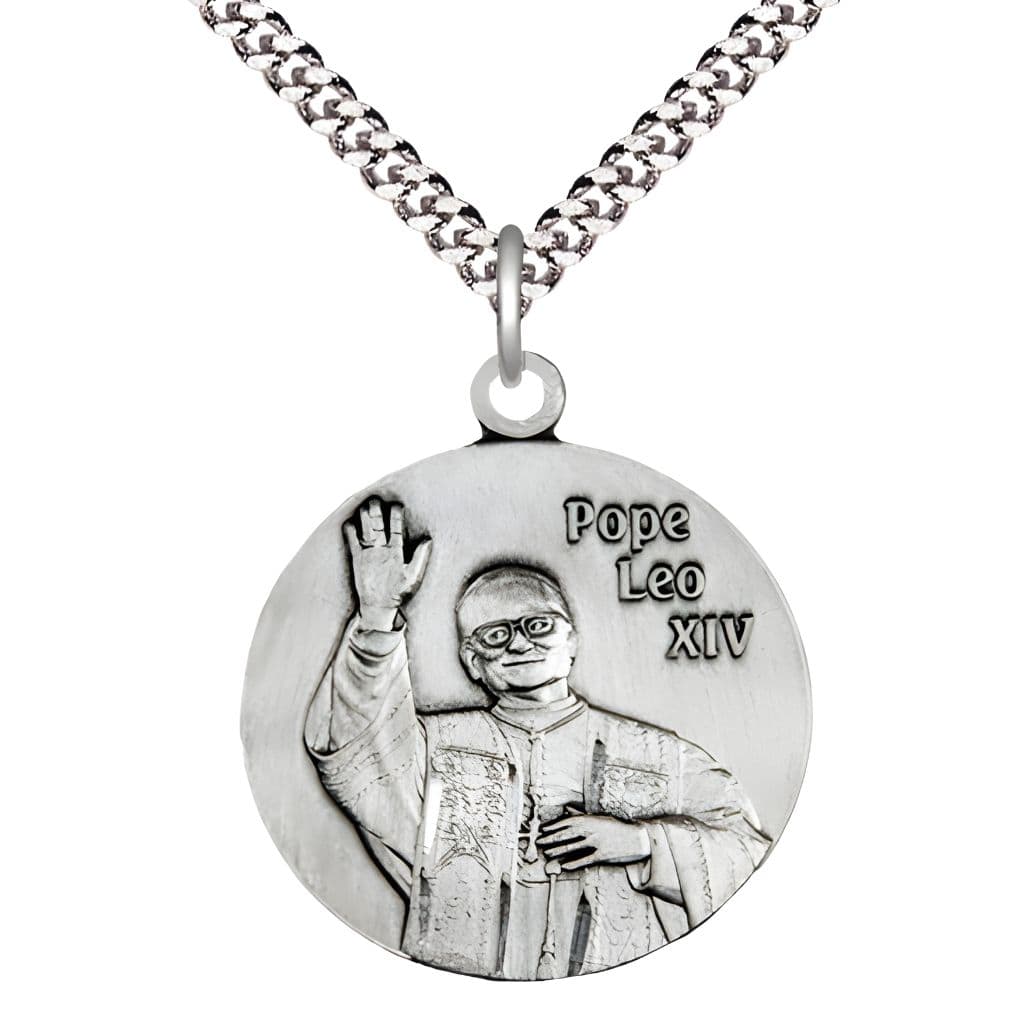 Bliss Pope Leo XIV Sterling Silver Round Medal with a matching rhodium-plated chain and optional engraving, Medal Measures: 1 1/4" tall x 1 1/8" wide,