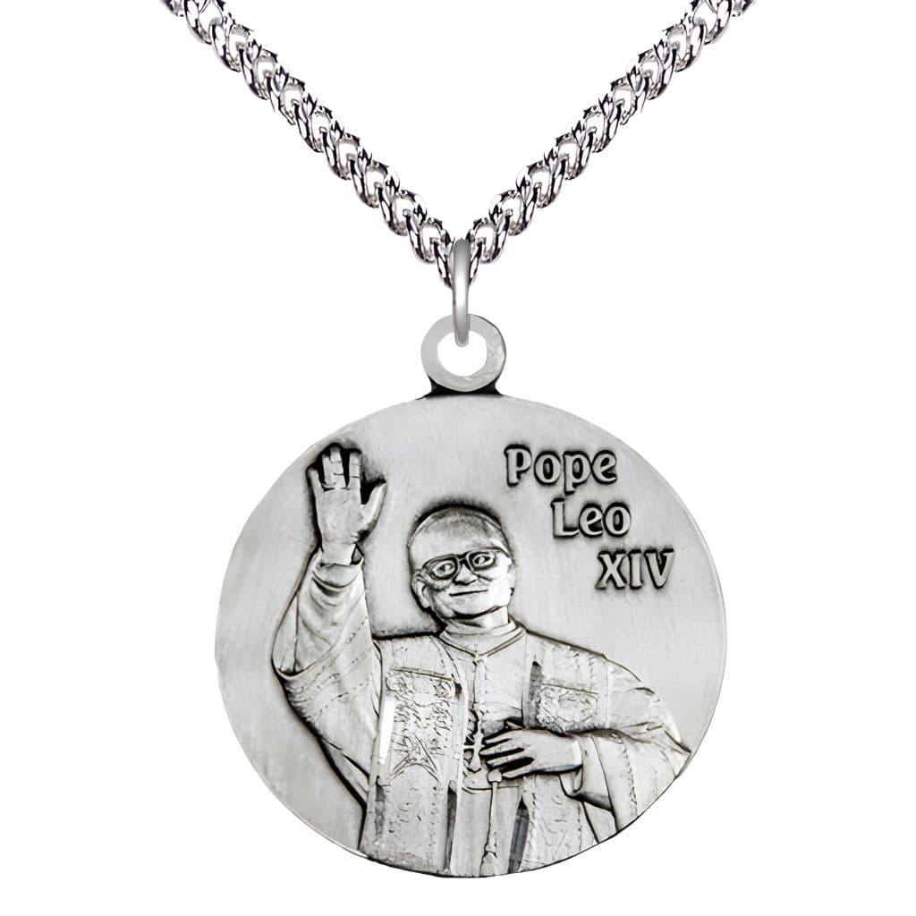Bliss Pope Leo XIV Sterling Silver Round Medal with a matching sterling silver chain and optional engraving, Medal Measures: 1 1/4" tall x 1 1/8" wide,