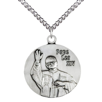 Pope Leo XIV Sterling Silver Round Medal with a matching sterling silver chain and optional engraving, Medal Measures: 1 1/4" tall x 1 1/8" wide, Bliss Manufacturing