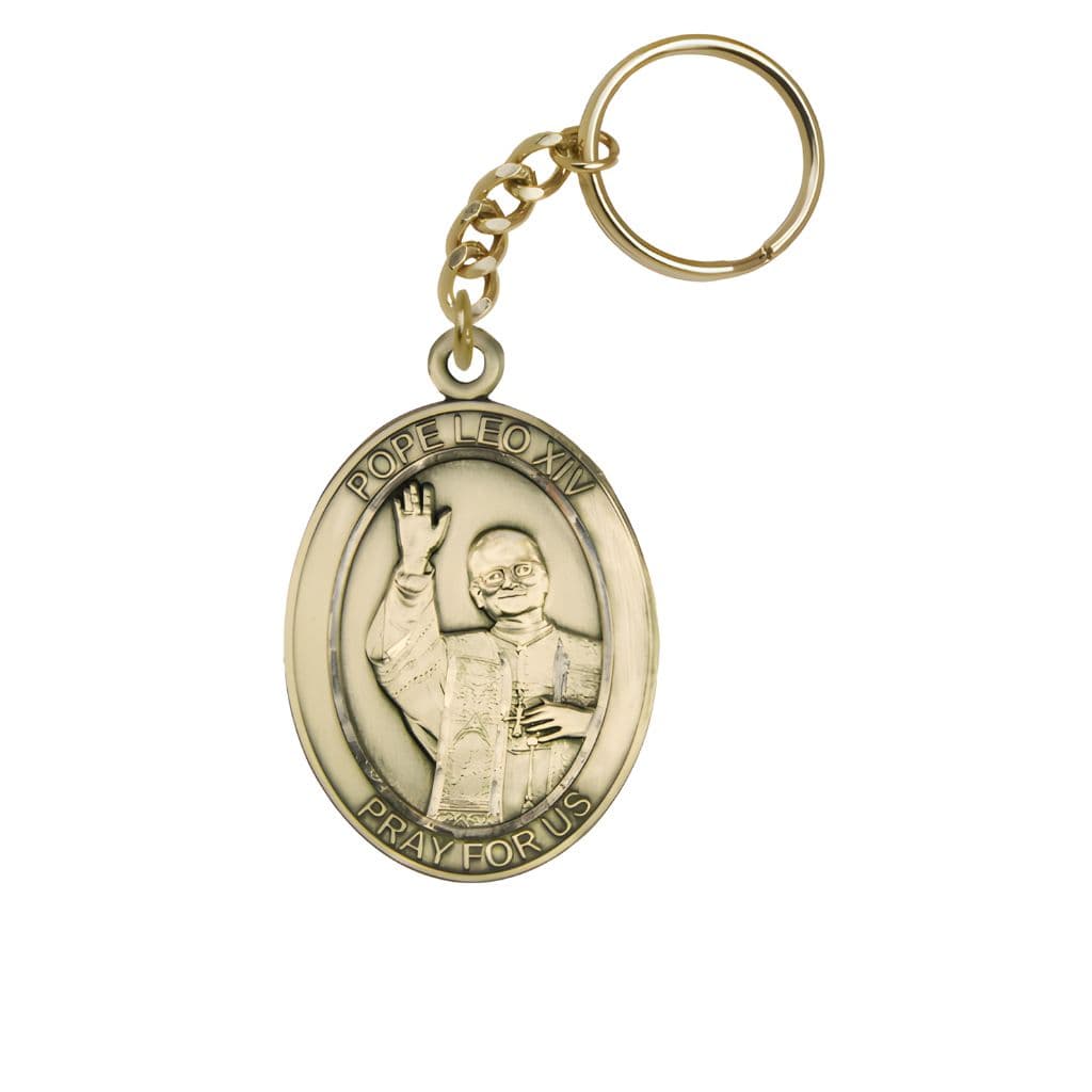 Gold Oxide Pope Leo XIV Key Chain made in USA by Bliss Manufacturing, Measures: 1 7/8 x 1 1/4
