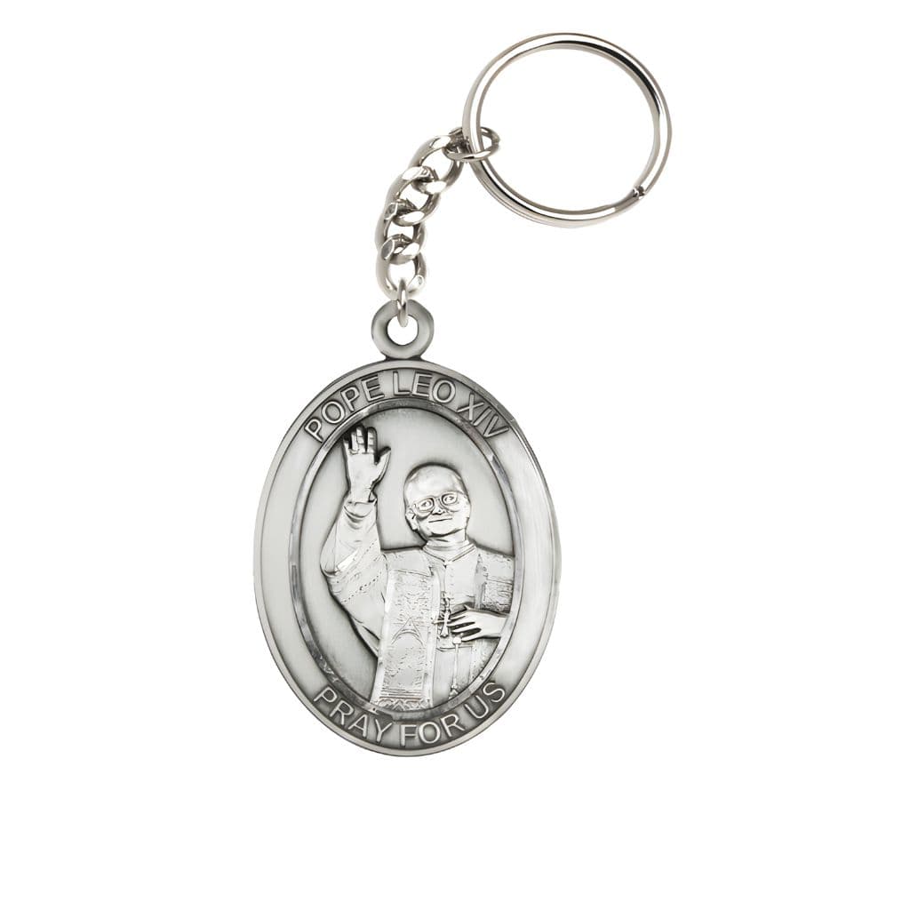 Pewter Pope Leo XIV Key Chain made in USA by Bliss Manufacturing, Measures: 1 7/8 x 1 1/4