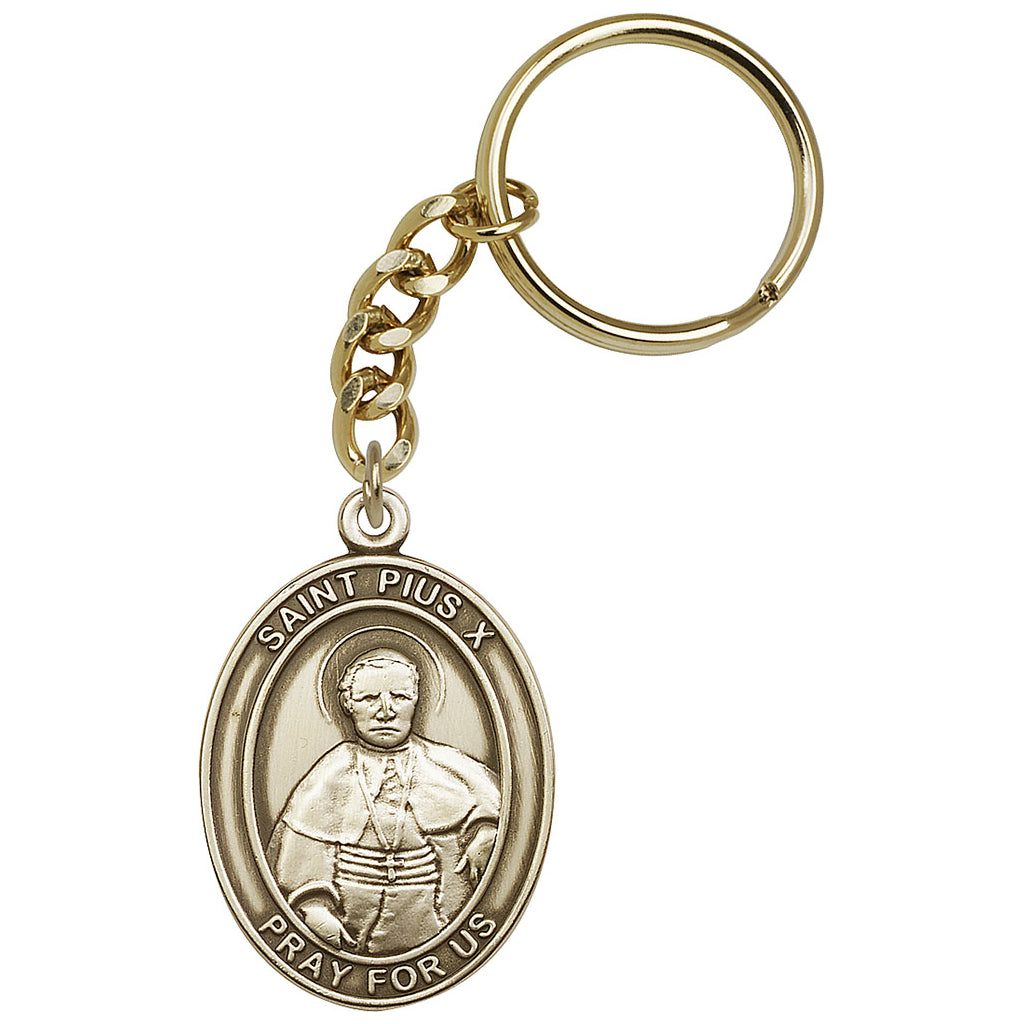 Gold Engravable Oval St Pius X Key Chain