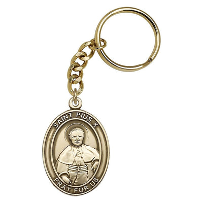 Gold Engravable Oval St Pius X Key Chain, Measures 1 7/8 x 11/4, Bliss Manufacturing