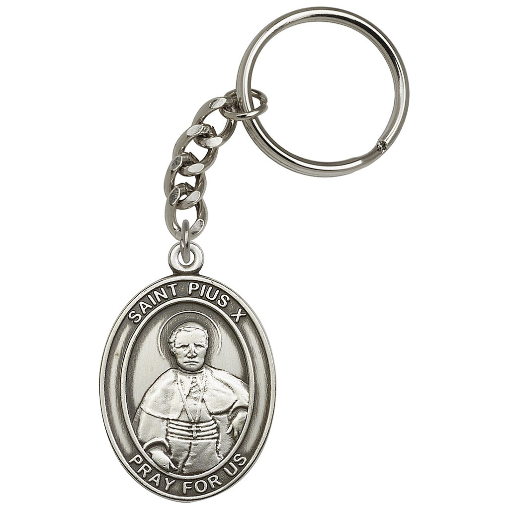 Pewter Engravable Oval St Pius X Key Chain