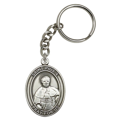 Pewter Engravable Oval St Pius X Key Chain, Measures 1 7/8 x 11/4, Bliss Manufacturing