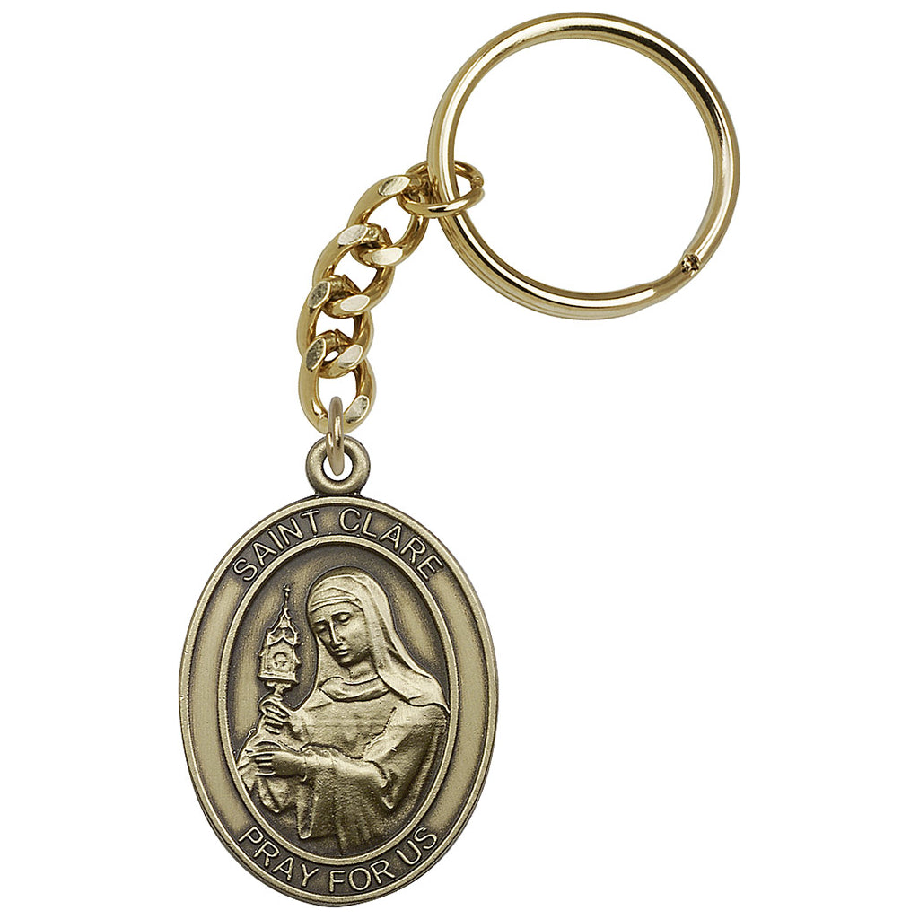 Gold Engravable Oval St Clare of Assisi Key Chain