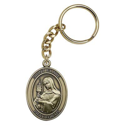 Gold Engravable Oval St Clare of Assisi Key Chain, Measures 1 7/8 x 11/4, Bliss Manufacturing