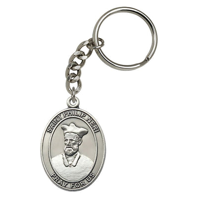 Engravable Oval St Philip Neri pewter Key Chain, Measures 1 7/8 x 11/4, Bliss Manufacturing