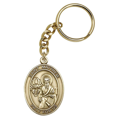 Engravable Oval St Matthew Gold Key Chain, Measures 1 7/8 x 11/4, Bliss Manufacturing