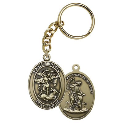 St Michael and Guardian Angel on Back Gold Tone Key Chain, Made in USA, Bliss Manufacturing