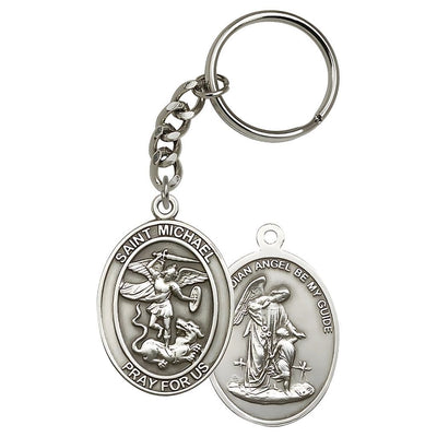 St Michael and Guardian Angel on Back Key Chain, Made in USA, pewter, Bliss Manufacturing