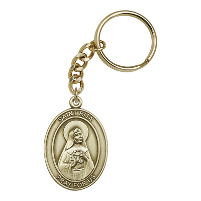 St. Rita of Cascia Engravable Oval Gold Tone Key Chain, Measures 1 7/8 x 11/4, Bliss Manufacturing