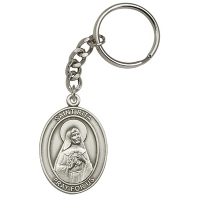 St. Rita of Cascia Engravable Oval Pewter Key Chain, Measures 1 7/8 x 11/4, Bliss Manufacturing