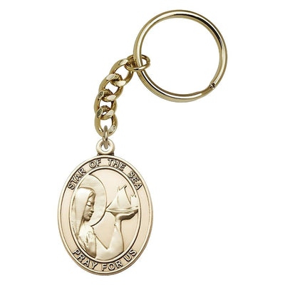 Engravable Oval Our Lady Star of the Sea Gold Key Chain, Measures 1 7/8 x 11/4, Bliss Manufacturing