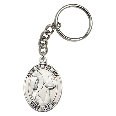 Engravable Oval Our Lady Star of the Sea Key Silver Chain, Measures 1 7/8 x 11/4, Bliss Manufacturing