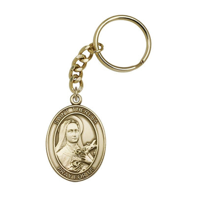 Gold Engravable Oval St Theresa Key Chain, Measures 1 7/8 x 11/4, Bliss Manufacturing