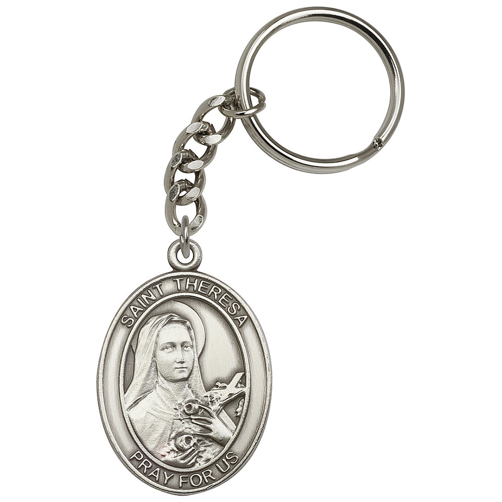 Pewter Engravable Oval St Theresa Key Chain