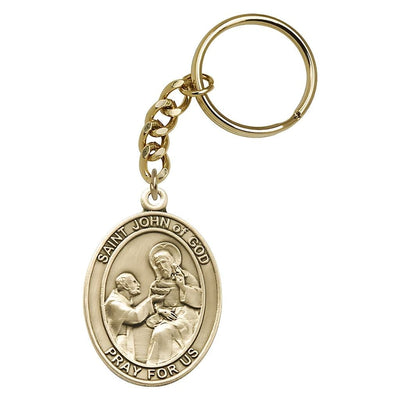 Gold Engravable Oval St John of God Key Chain, Measures 1 7/8 x 11/4, Bliss Manufacturing