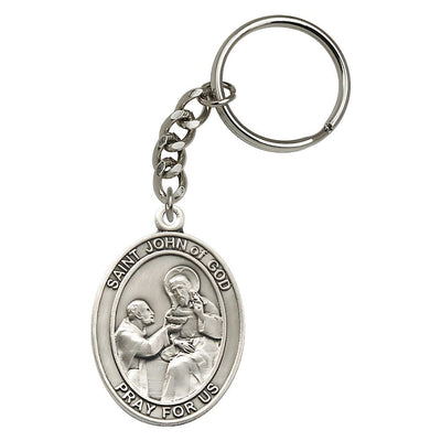 Pewter Engravable Oval St John of God Key Chain, Measures 1 7/8 x 11/4, Bliss Manufacturing