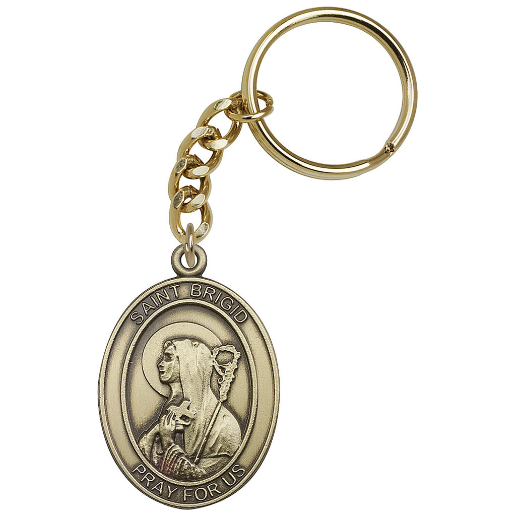 Gold Engravable Oval St Brigid of Ireland Key Chain