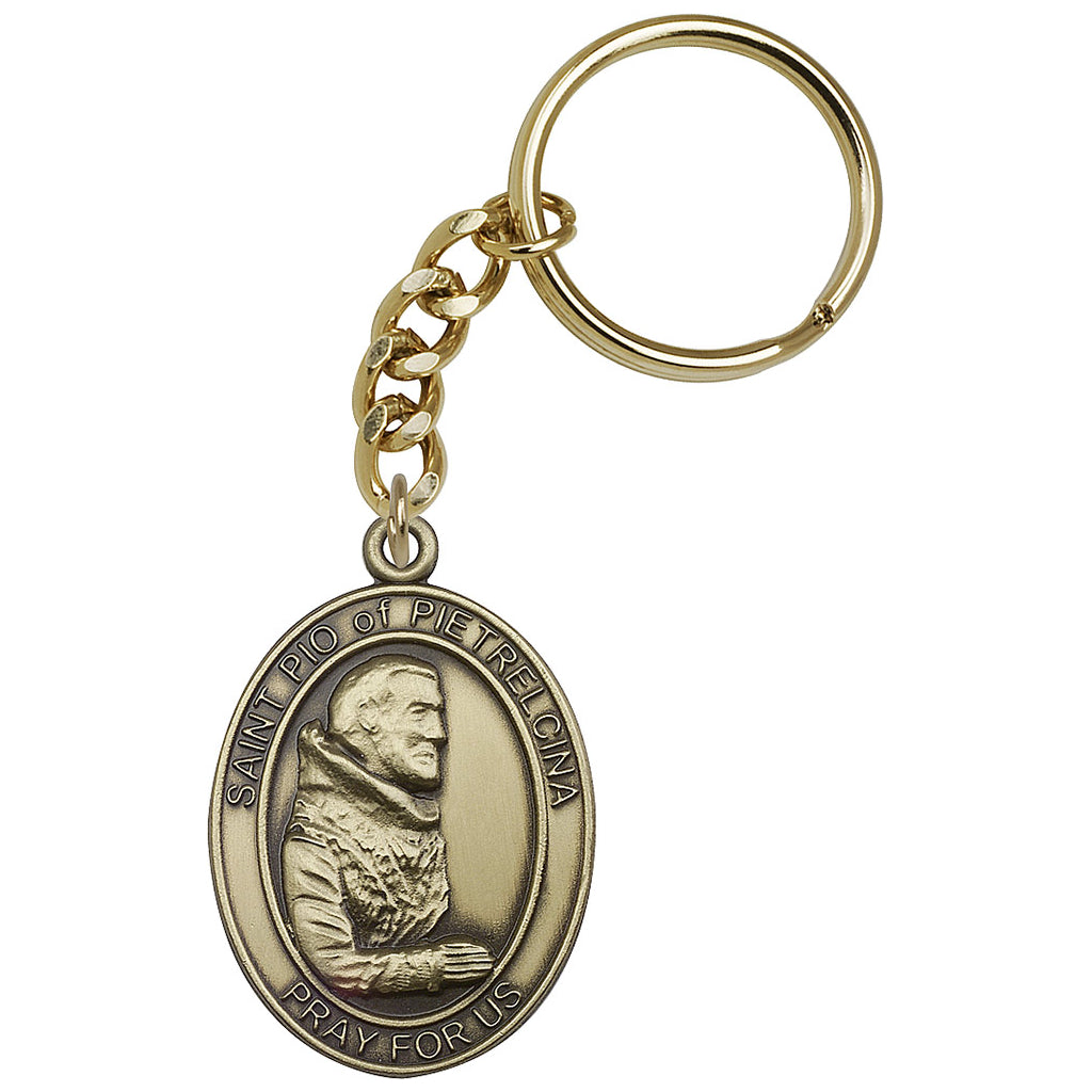 Gold Engravable Oval St Pio of Pietrelcina Key Chain