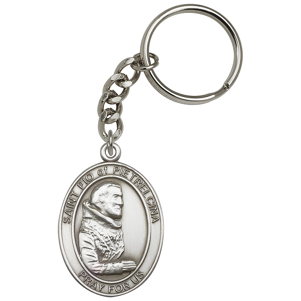 Pewter Engravable Oval St Pio of Pietrelcina Key Chain