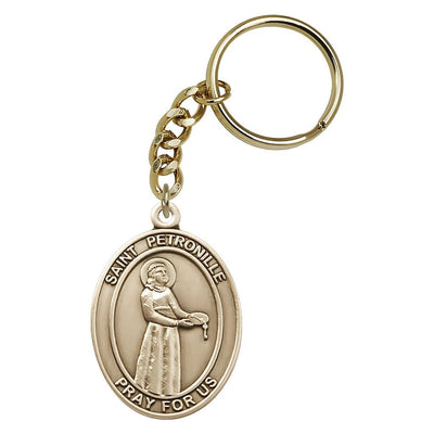 Engravable St. Petronille oval key chain in gold oxide, Measures 1 7/8 x 11/4, Bliss Manufacturing