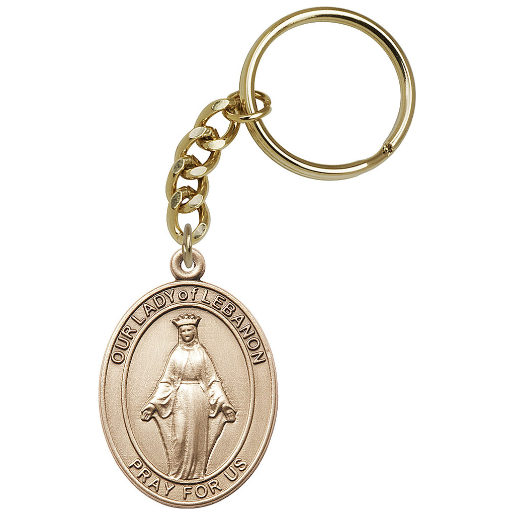 Gold Engravable Oval Our Lady of Lebanon Key Chain