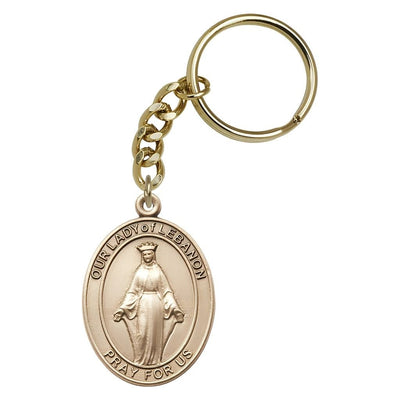 Gold Engravable Oval Our Lady of Lebanon Key Chain, Measures: 1 7/8 x 1 ?, Bliss Manufacturing