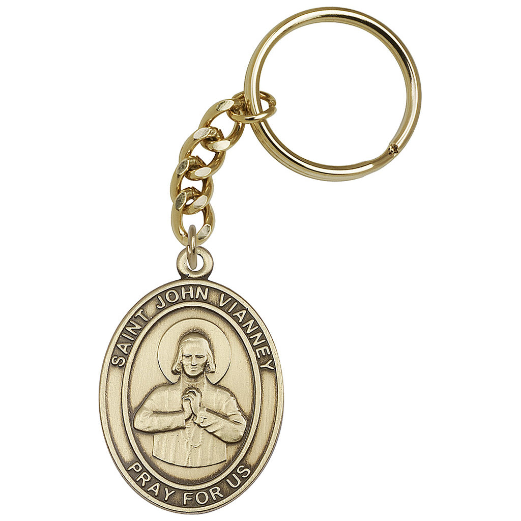 Gold Engravable Oval St John Vianney Key Chain