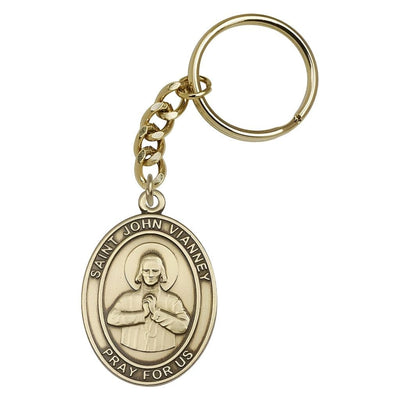 Gold Engravable Oval St. John Vianney Key Chain, Measures 1 7/8 x 11/4, Bliss Manufacturing