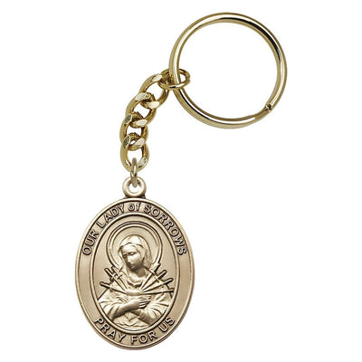 Gold Our Lady of Sorrows Key Chain, 1 7/8" x 1 1/4" oval shape, Bliss Manufacturing