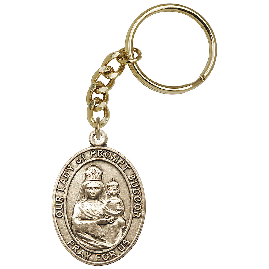 Gold Engravable Oval Our Lady of Prompt Succor Key Chain