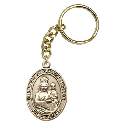 Gold Engravable Oval Our Lady of Prompt Succor Key Chain, Measures 1 7/8 x 11/4, Bliss Manufacturing