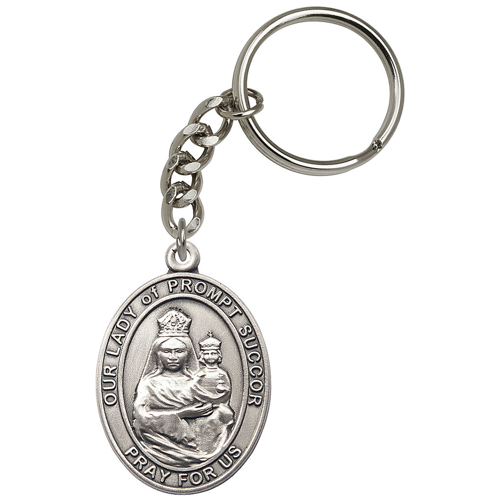 Pewter Engravable Oval Our Lady of Prompt Succor Key Chain