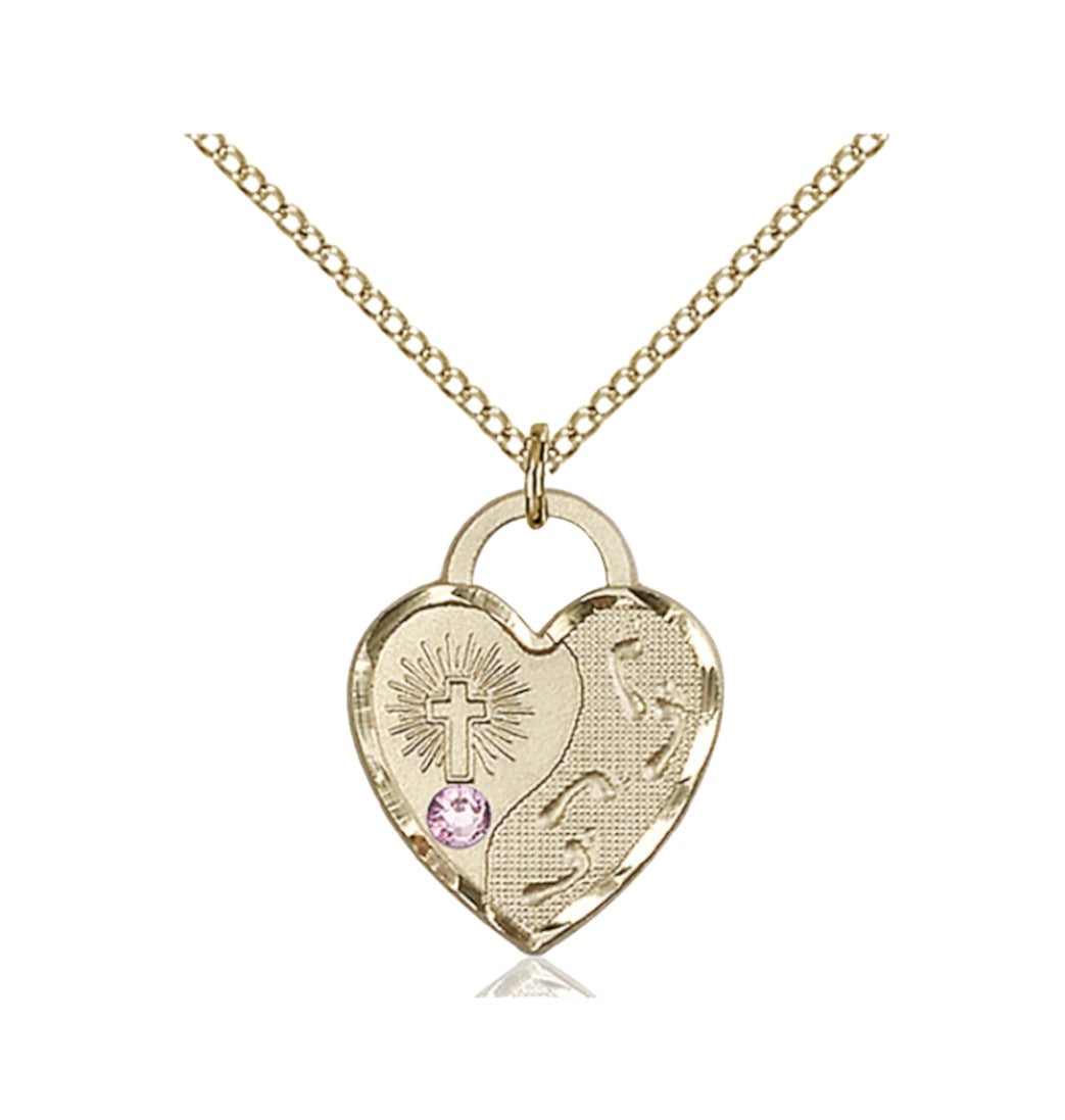 Lt Amethyst Birthstone Gold-filled Footprints Heart Pendant w/Austrian Crystal