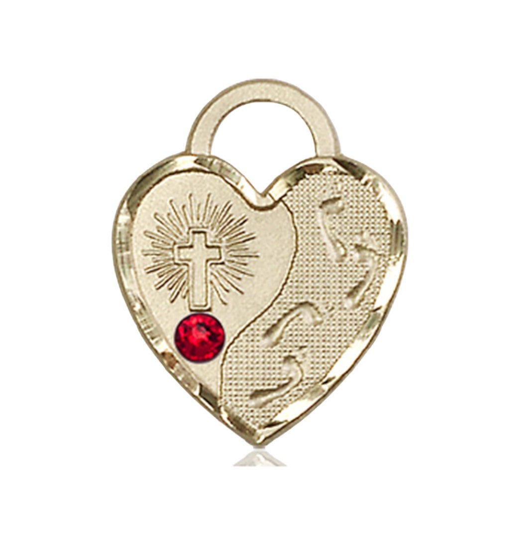 Ruby Birthstone 14kt Gold Footprints Heart Pendant w/Austrian Crystal