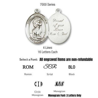 Engraving reference for 7000 Series medals showing back views with a sample personalized message. Engraving supports 4 lines with up to 16 letters per line. Five font styles to choose from: Roman, Script, Block, Circle Monogram, and Monogram (3 letters only).