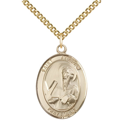 Large St. Andrew the Apostle 14kt Gold Oval Engravable Medal Pendant with Chain