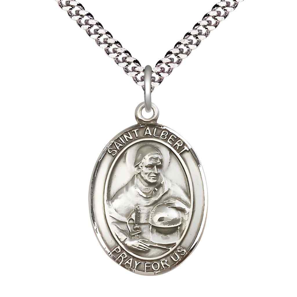 Large Saint Albert the Great Pewter Oval Medal Pendant with Rhodium-plated Curb Chain with Deluxe Gift Box | Bliss Manufacturing