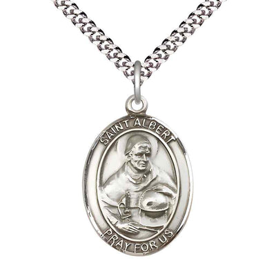 Large Saint Albert the Great Pewter Oval Medal Pendant with Rhodium-plated Curb Chain with Deluxe Gift Box | Bliss Manufacturing