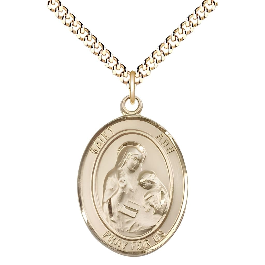 Bliss St. Ann 14kt Gold-filled Oval Medal Pendant with Gold-plated Chain, Measures 1-inch tall by 3/4-inch wide. Deluxe Gift Box.