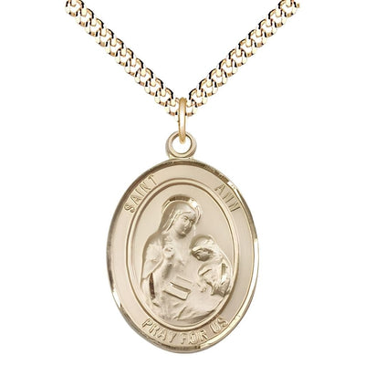 St. Ann 14kt Gold-filled Oval Medal Pendant with Gold-plated Chain, Measures 1-inch tall by 3/4-inch wide. Deluxe Gift Box, Bliss Manufacturing