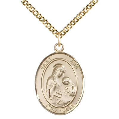 St. Ann 14kt Gold-filled Oval Medal Pendant with Gold-filled Chain, Measures 1-inch tall by 3/4-inch wide. Deluxe Gift Box, Bliss Manufacturing