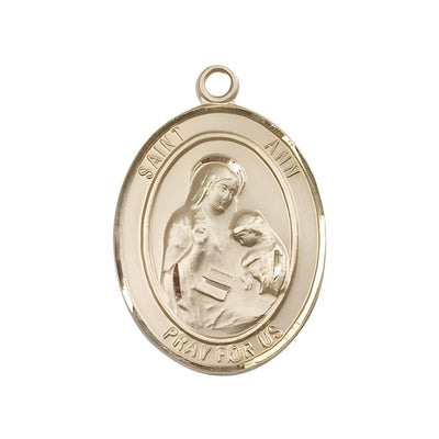 St. Ann 14kt Gold Oval Medal Pendant, Measures 1-inch tall by 3/4-inch wide. Deluxe Gift Box, Bliss Manufacturing