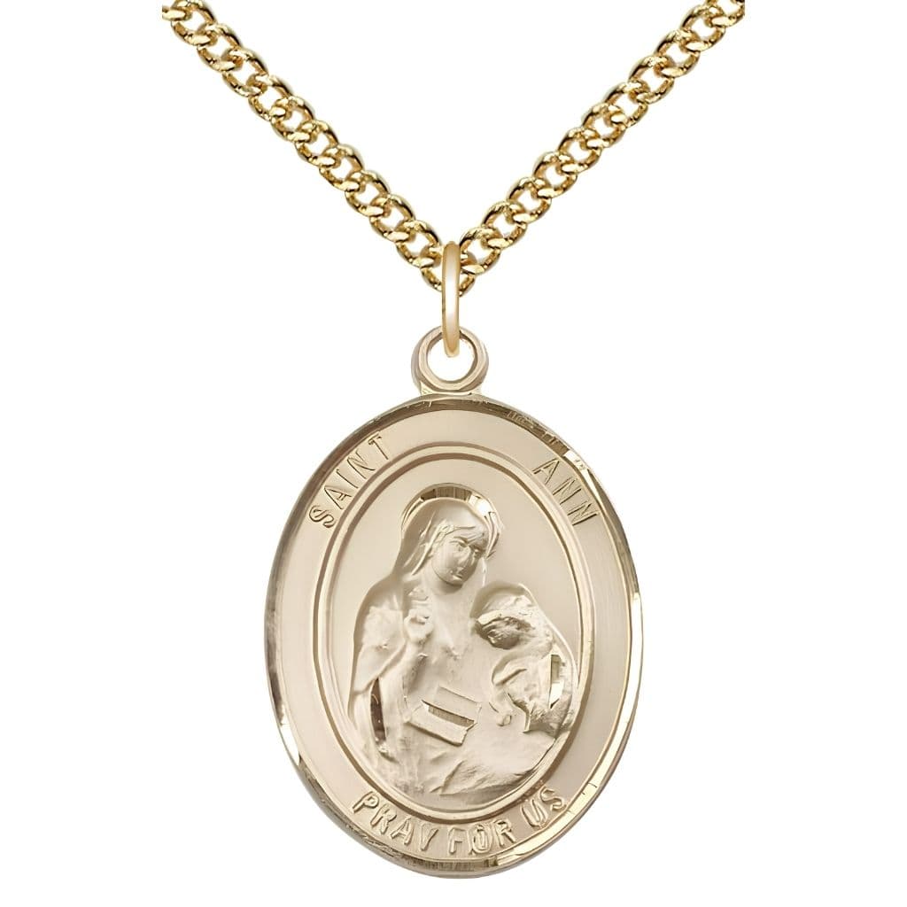 Bliss St. Ann 14kt Gold Oval Medal Pendant with 14kt Gold Chain, Measures 1-inch tall by 3/4-inch wide. Deluxe Gift Box.