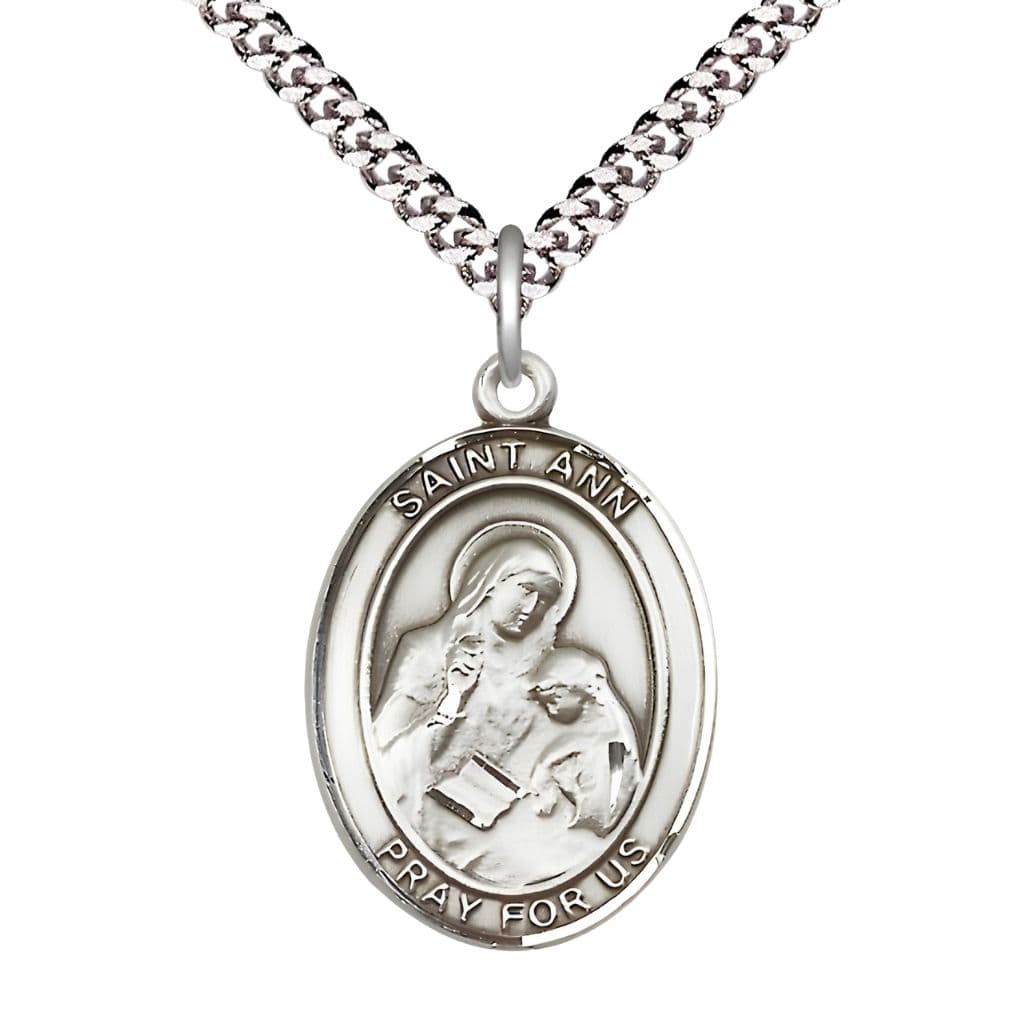 Bliss St. Ann Pewter Oval Medal Pendant with Rhodium-plated Chain, Measures 1-inch tall by 3/4-inch wide. Deluxe Gift Box.