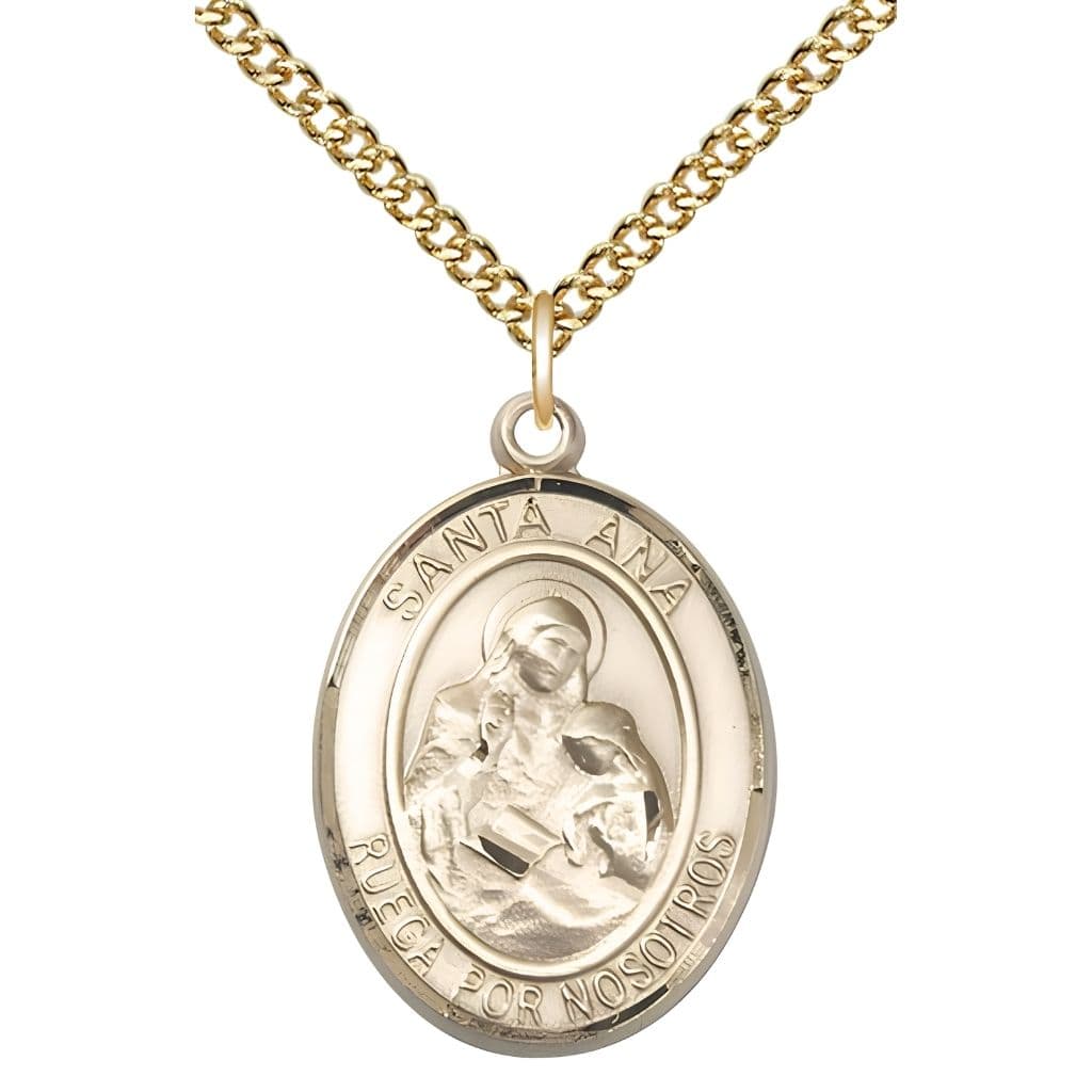 Bliss Spanish Santa Ana 14kt Gold Oval Medal Pendant with 14kt Gold Chain, Measures 1-inch tall by 3/4-inch wide. Deluxe Gift Box.