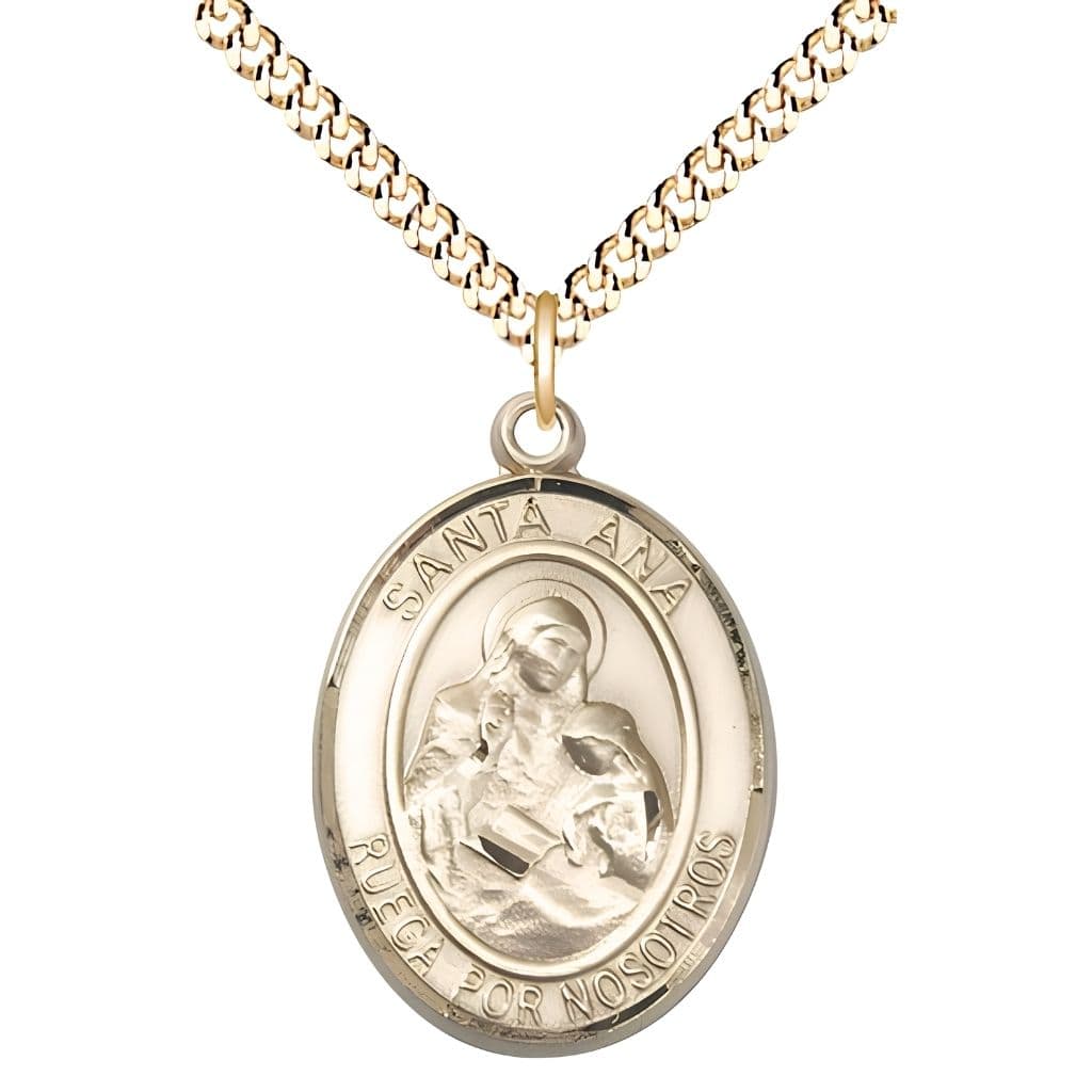 Bliss Spanish Santa Ana 14kt Gold-filled Oval Medal Pendant with Gold-plated Chain, Measures 1-inch tall by 3/4-inch wide. Deluxe Gift Box.